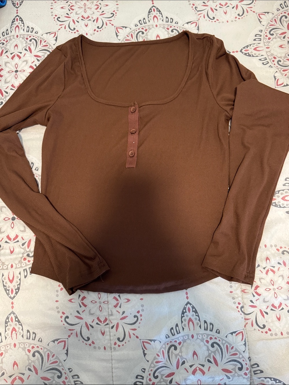 Brown Long-Sleeve Ribbed Henley Top